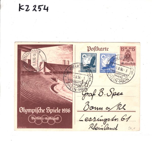 GERMANY 1936 FDC OLYMPIC GAMES Postal Stationery Card HINDENBURG Flown? KZ254 - Image 4