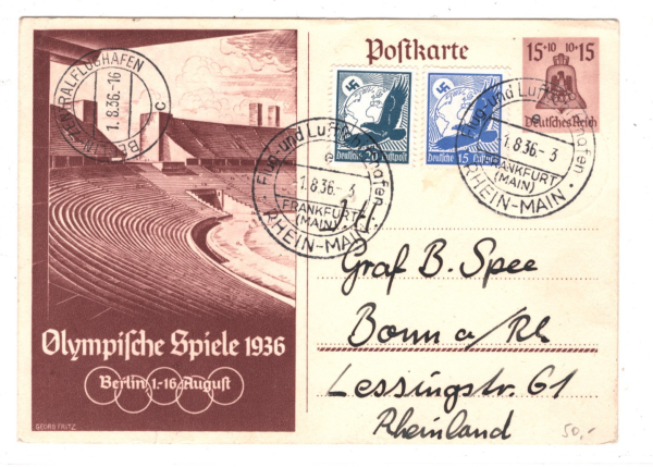 GERMANY 1936 FDC OLYMPIC GAMES Postal Stationery Card HINDENBURG Flown? KZ254