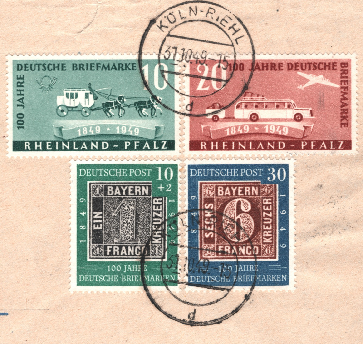 GERMANY 1949 Cover RHEINLAND-PFALZ * STAMP CENTENARY* Set Mixed Franking XV104