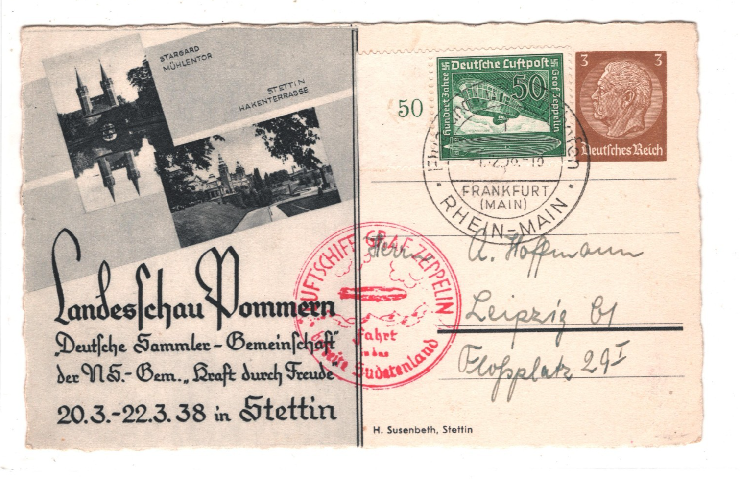 GERMANY Advert POMMERN Stationery Card ZEPPELIN Air Mail 1938 Sudetenland KZ293 - Image 3