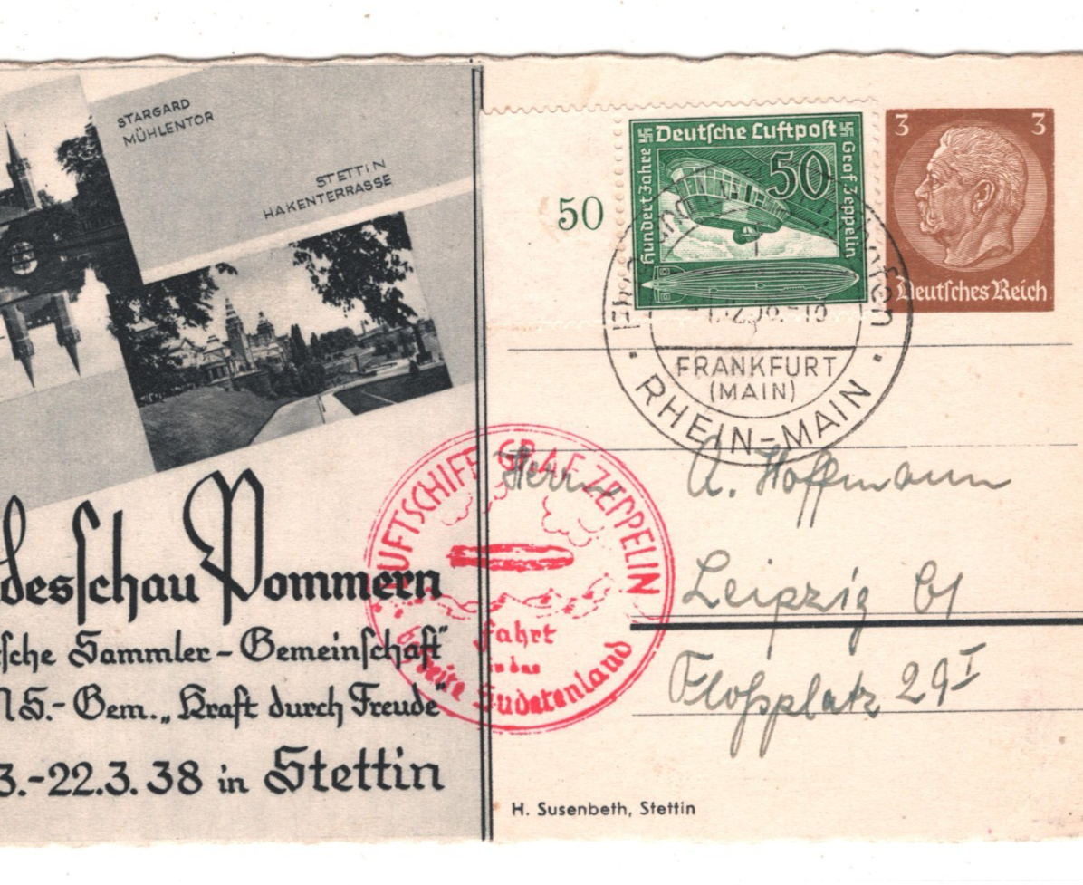 GERMANY Advert POMMERN Stationery Card ZEPPELIN Air Mail 1938 Sudetenland KZ293
