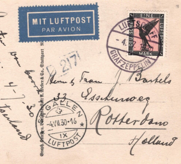GERMANY Air GRAF ZEPPELIN Card 1930 *AN BORD MESSAGE* St Gallen Rotterdam KZ115 - Image 7