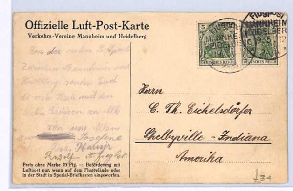 GERMANY Air Mail 1912 MONOPLANE Card FIRST FLIGHT Mannheim *INDIANA* USA! XF346 - Image 4