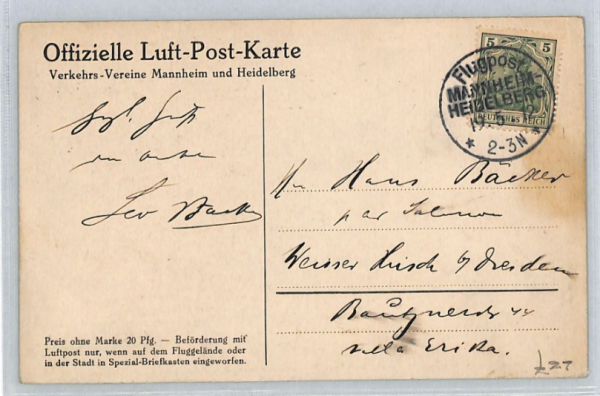 GERMANY Air Mail Card 1912 FIRST FLIGHT Mannheim Heidelberg{samwells}XT147