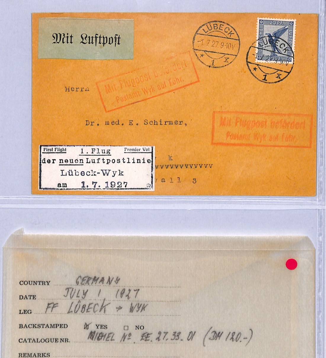 GERMANY Air Mail Cover 1927 FIRST FLIGHT Lübeck-Wyk *FRISIAN ISLANDS*{Joffe}VT16 - Image 4