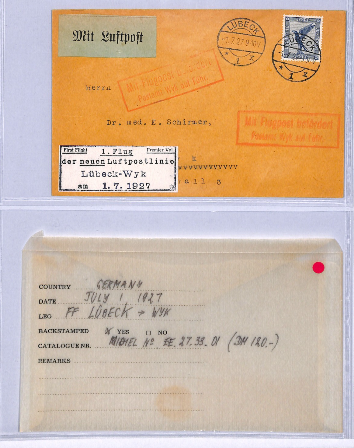 GERMANY Air Mail Cover 1927 FIRST FLIGHT Lübeck-Wyk *FRISIAN ISLANDS*{Joffe}VT16 - Image 5