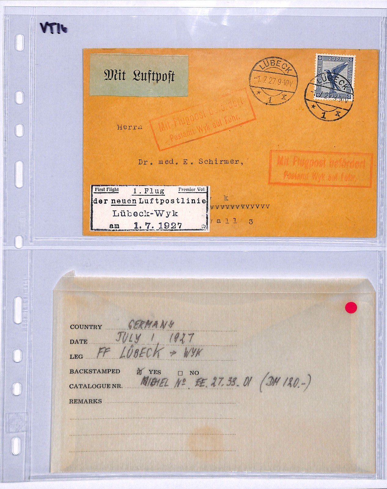 GERMANY Air Mail Cover 1927 FIRST FLIGHT Lübeck-Wyk *FRISIAN ISLANDS*{Joffe}VT16 - Image 7