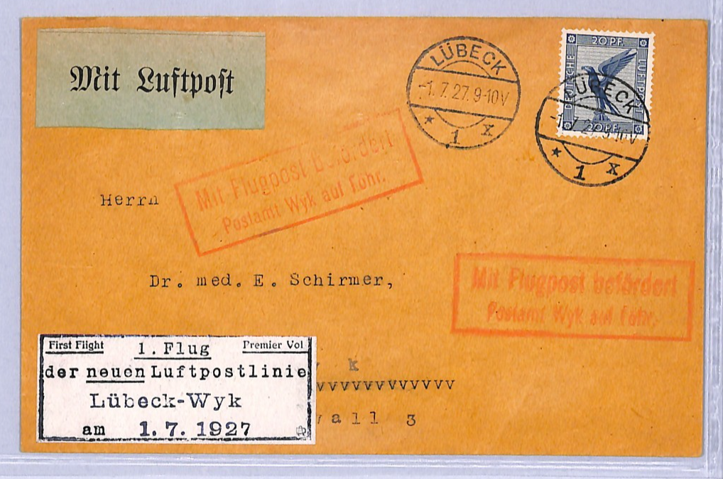 GERMANY Air Mail Cover 1927 FIRST FLIGHT Lübeck-Wyk *FRISIAN ISLANDS*{Joffe}VT16