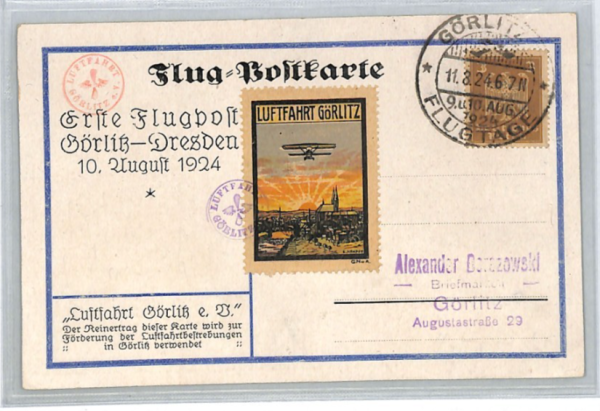 GERMANY Air Mail FIRST FLIGHT 1924 *LUFTFAHRT GÖRLITZ* Dresden Postcard XT137 - Image 3