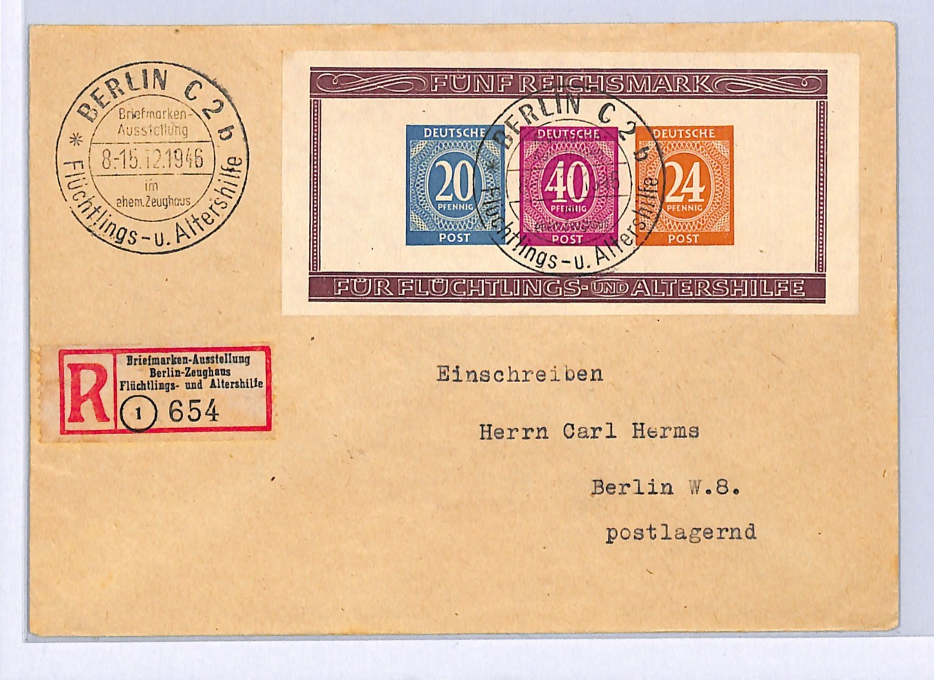 GERMANY Allied Occ Cover 1946 MINI-SHEET (5m) *IMPERF* Berlin Expo CDS Reg WA332 - Image 2