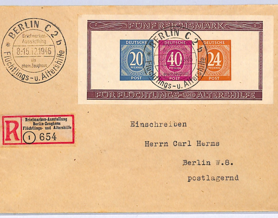 GERMANY Allied Occ Cover 1946 MINI-SHEET (5m) *IMPERF* Berlin Expo CDS Reg WA332