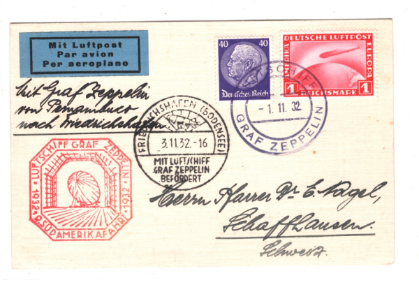 GERMANY An Bord Card ZEPPELIN 1m Air *9.SÜDAMERIKAFAHRT* 1932 Switzerland KZ271 - Image 6