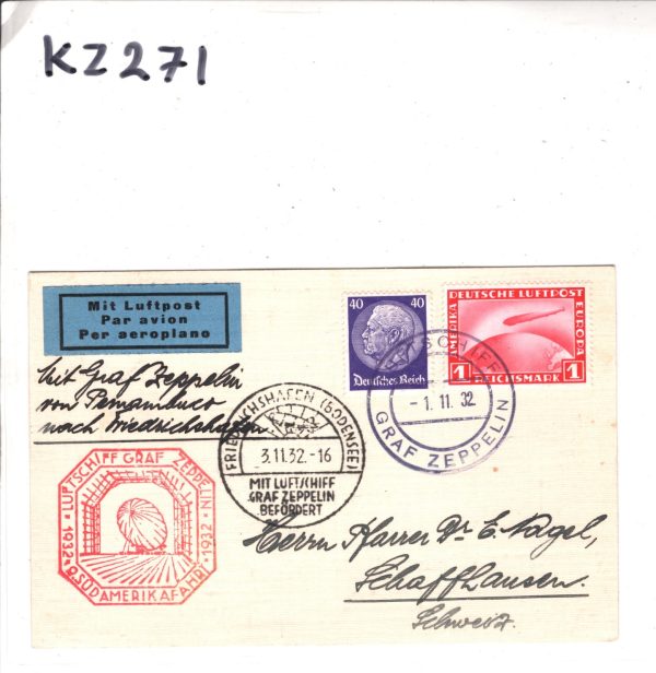 GERMANY An Bord Card ZEPPELIN 1m Air *9.SÜDAMERIKAFAHRT* 1932 Switzerland KZ271 - Image 7