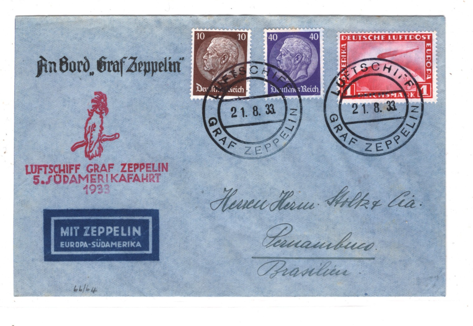 GERMANY An Bord GRAF ZEPPELIN 1m Air Cover *5.SÜDAMERIKAFAHRT* 1933 Recife KZ289 - Image 3