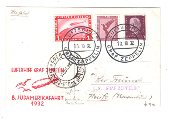 GERMANY An Bord ZEPPELIN 1m Air Mail Card *8.SÜDAMERIKAFAHRT* 1932 Recife KZ272 - Image 4
