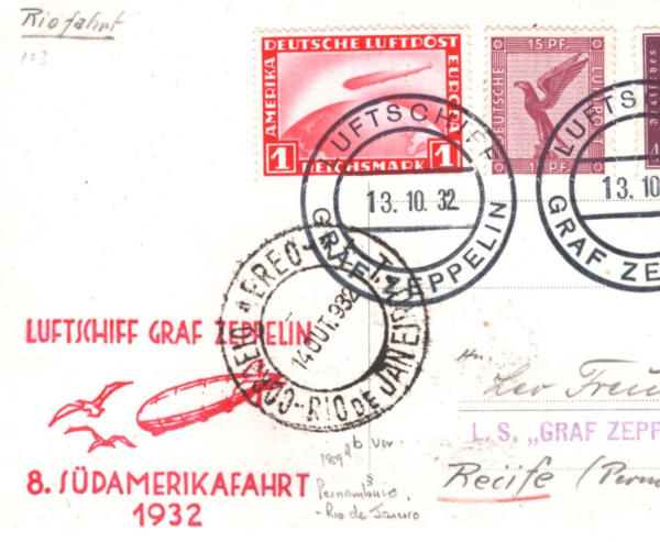 GERMANY An Bord ZEPPELIN 1m Air Mail Card *8.SÜDAMERIKAFAHRT* 1932 Recife KZ272