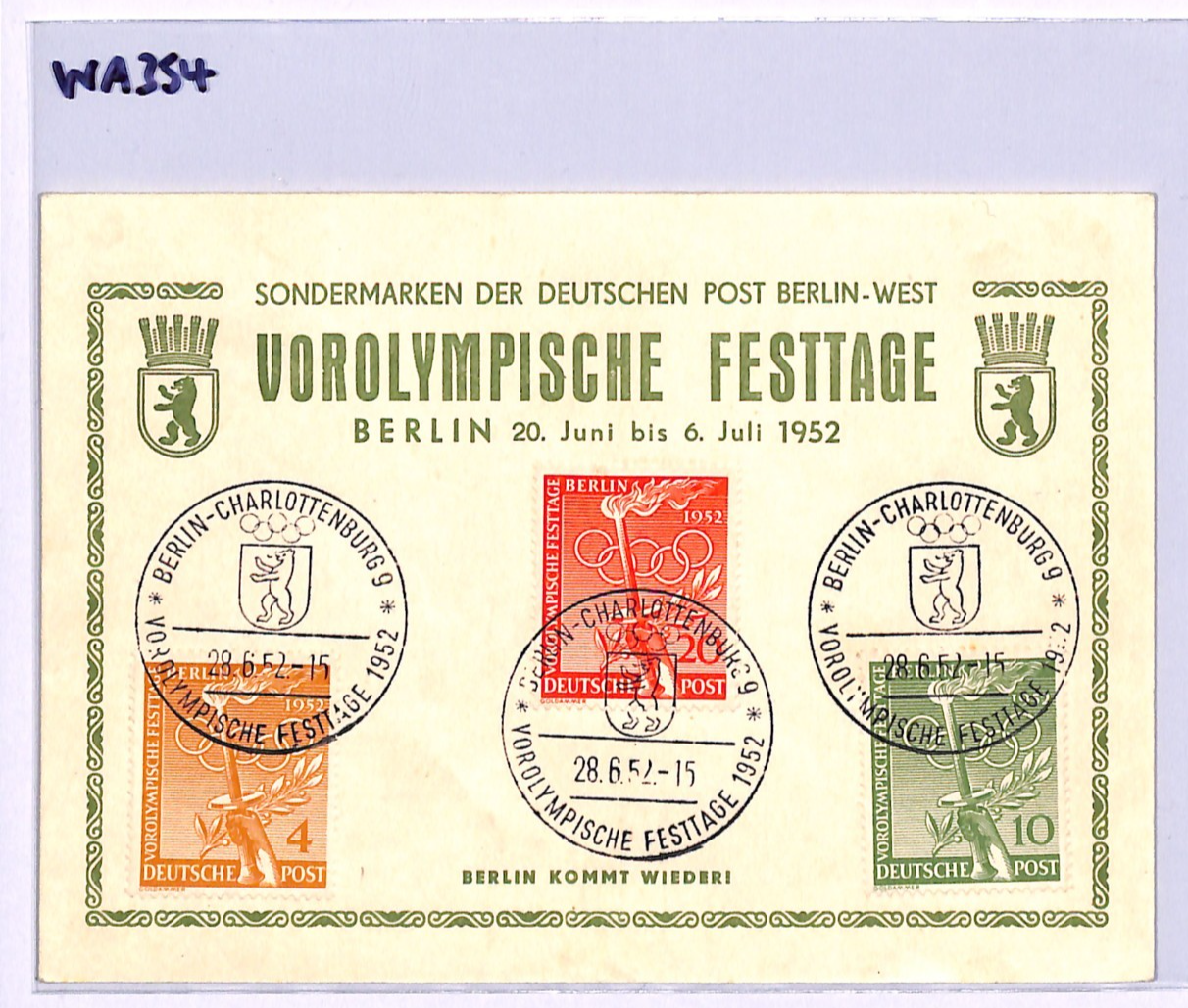 GERMANY BERLIN 1952 Dedicated Postcard *OLYMPICS* Set Special CDS SPORTS WA354 - Image 4