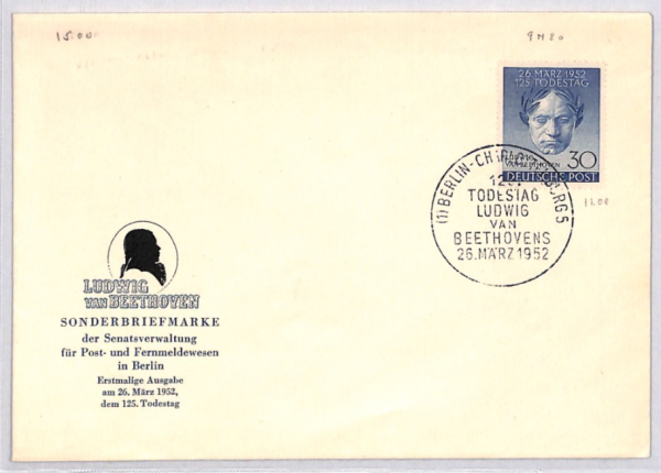 GERMANY (BERLIN) 1952 FDC *Beethoven* ILLUSTRATED First Day Cover MUSIC YG318
