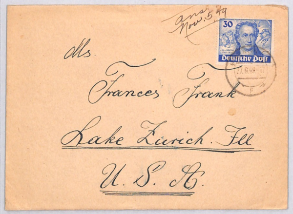 GERMANY (BERLIN) 30pf *GOETHE* Used 1949 CDS Cover USA POETRY {samwells}YG288 - Image 3