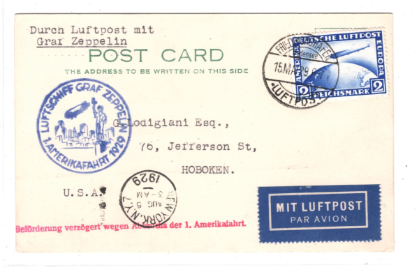 GERMANY Card GRAF ZEPPELIN 2m Air Mail 1929 *1.AMERIKAFAHRT* USA Hoboken KZ302 - Image 3