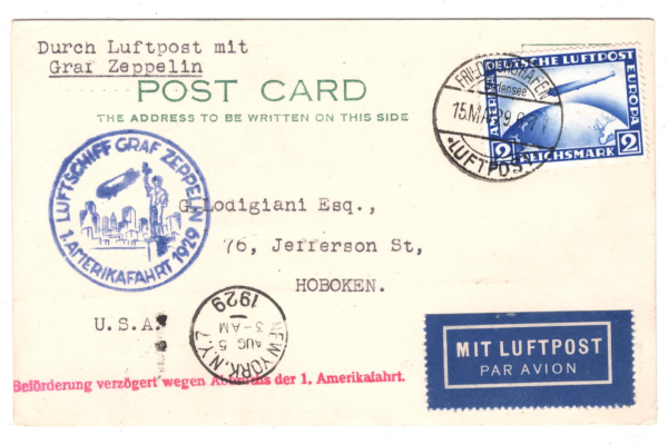 GERMANY Card GRAF ZEPPELIN 2m Air Mail 1929 *1.AMERIKAFAHRT* USA Hoboken KZ302 - Image 6