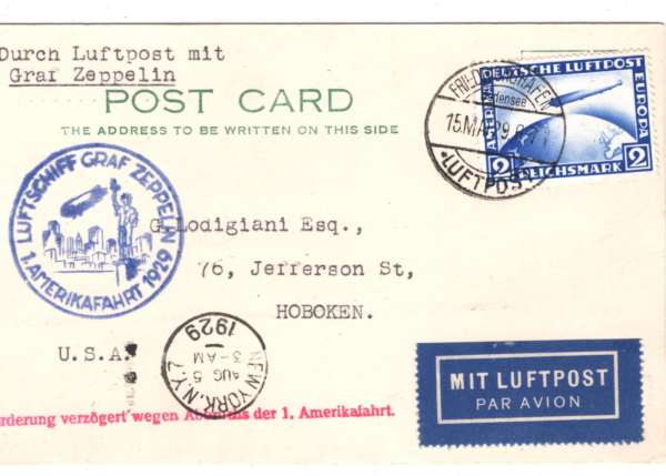 GERMANY Card GRAF ZEPPELIN 2m Air Mail 1929 *1.AMERIKAFAHRT* USA Hoboken KZ302