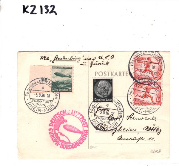 GERMANY Card ZEPPELIN *HINDENBURG* Air Mail 12pf OLYMPICS RUNNER Pair USA KZ132 - Image 9