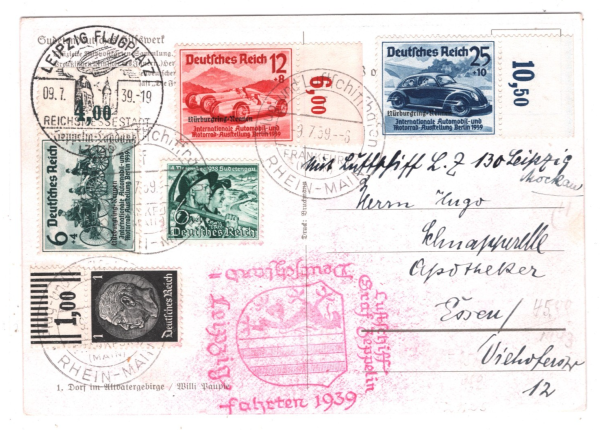 GERMANY Cars *NURBURGRING* RACES Set ZEPPELIN Air Mail Card 1939 Leipzig KZ241 - Image 3