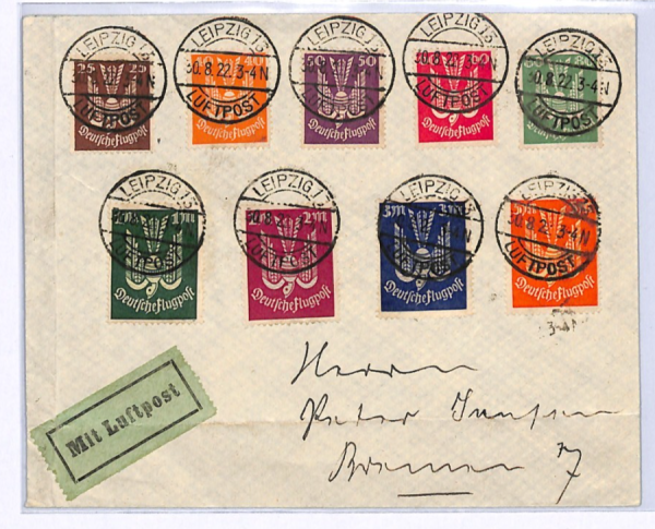 GERMANY Cover 1922 Air Mail *CARRIER PIGEON* Set 5m Leipzig-Bremen BIRDS XF326 - Image 4