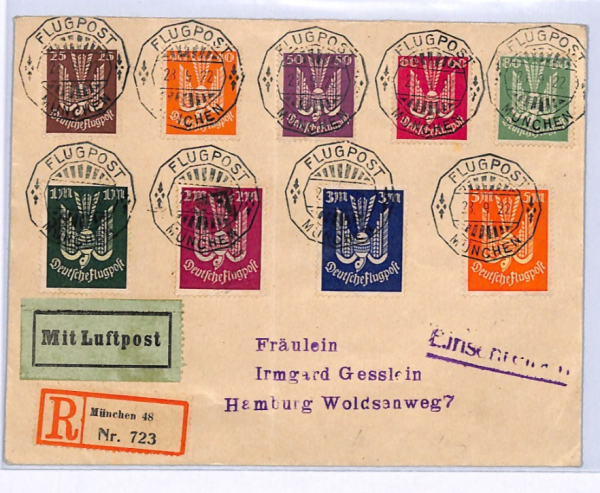 GERMANY Cover 1922 Air Mail CARRIER PIGEON Set 5m Munich Reg Hamburg BIRDS XF325 - Image 4