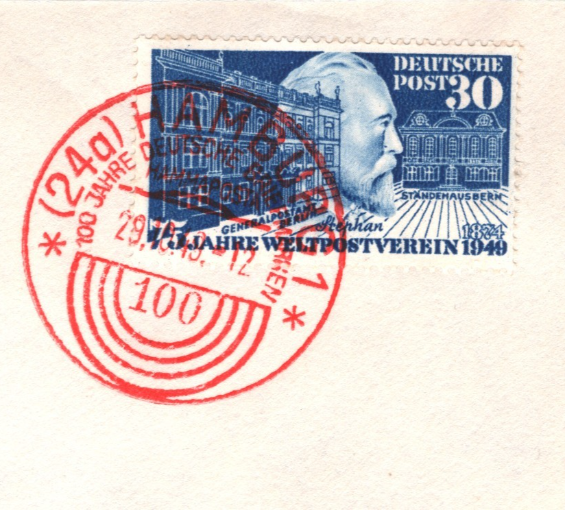 GERMANY Cover 1949 *UPU* 30pf Von Stephan Superb HAMMAPOSTA Red Cancels XV107