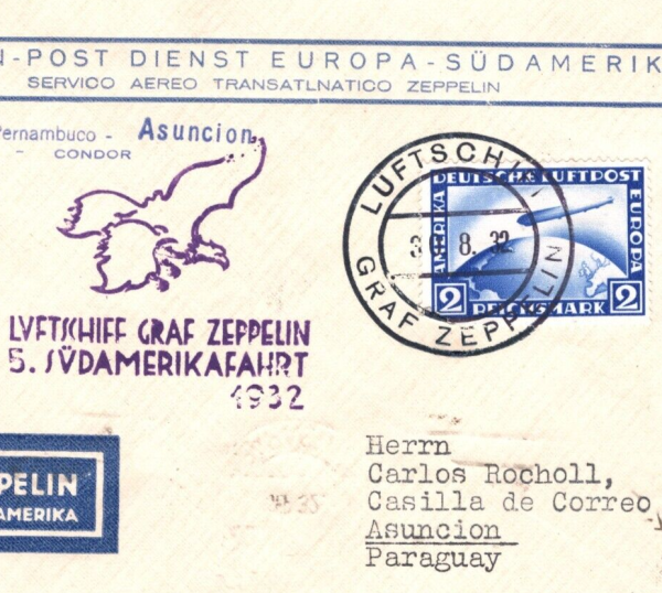GERMANY Cover 2m ZEPPELIN Air 1932 *5.SUDAMERIKAFAHRT* Eagle PARAGUAY MA2119