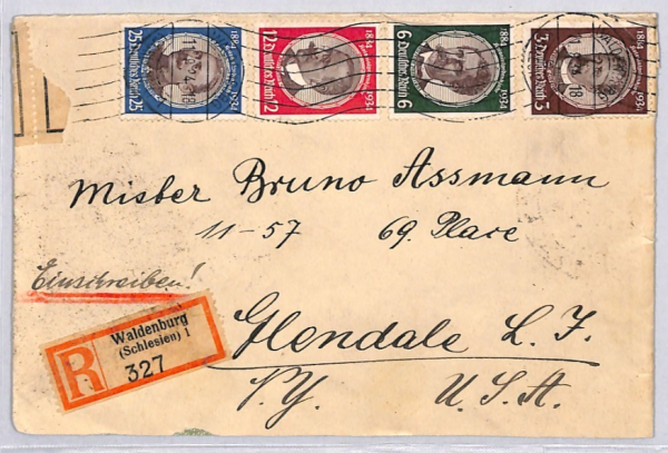 GERMANY Cover *GERMAN COLONIZER'S JUBILEE* Set{4} Waldenburg 1934 Censor YG301 - Image 3