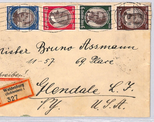 GERMANY Cover *GERMAN COLONIZER'S JUBILEE* Set{4} Waldenburg 1934 Censor YG301