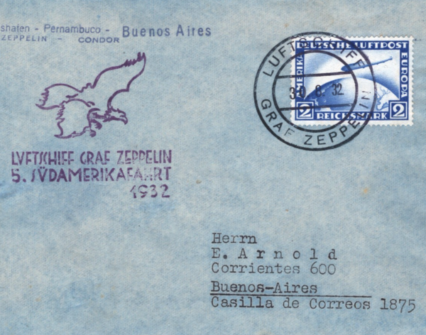 GERMANY Cover ZEPPELIN 2m Air *5.SÜDAMERIKAFAHRT* 1932 EAGLE Cachet BIRDS KZ287