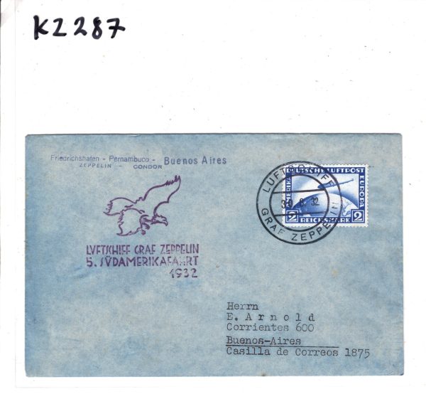 GERMANY Cover ZEPPELIN 2m Air *5.SÜDAMERIKAFAHRT* 1932 EAGLE Cachet BIRDS KZ287 - Image 8