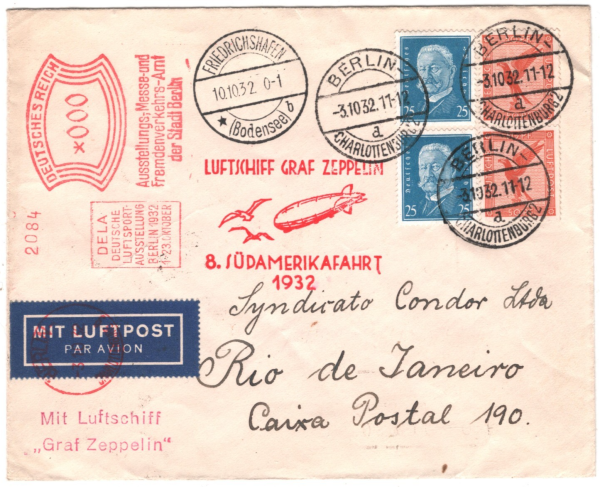 GERMANY Cover ZEPPELIN Air *8. SÜDAMERIKAFAHRT* 1932 DELA Meter LUFTSPORT KZ285
