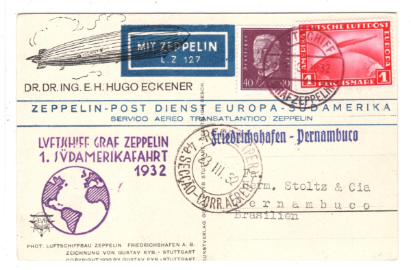 GERMANY Eckener ZEPPELIN Air Mail Card *1. SÜDAMERIKAFAHRT* 1932 Brazil KZ276