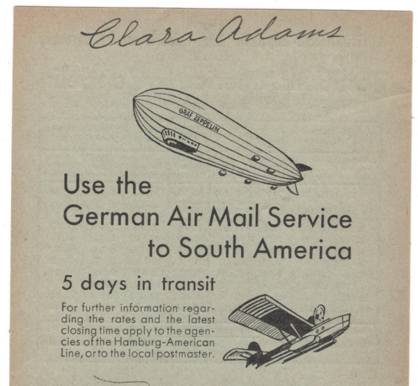 GERMANY GRAF ZEPPELIN 1934 SOUTH AMERICA TIMETABLE *Clara Adams* Signed KZ359