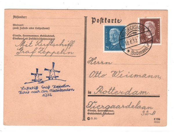 GERMANY GRAF ZEPPELIN Air Card *FAHRT NIEDERLANDEN* 1932 WINDMILLS Cachet KZ283 - Image 3