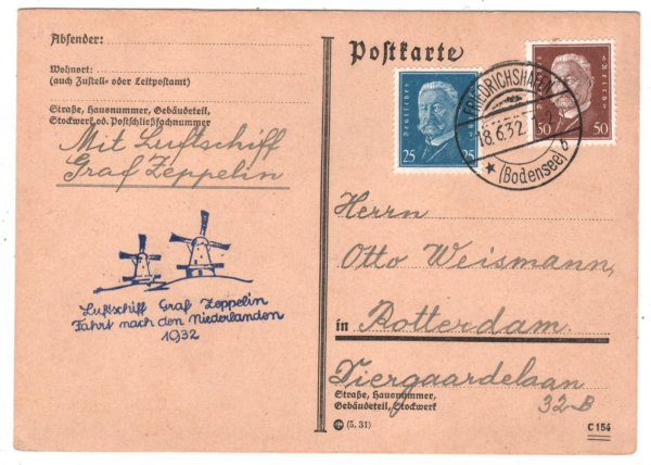 GERMANY GRAF ZEPPELIN Air Card *FAHRT NIEDERLANDEN* 1932 WINDMILLS Cachet KZ283 - Image 7