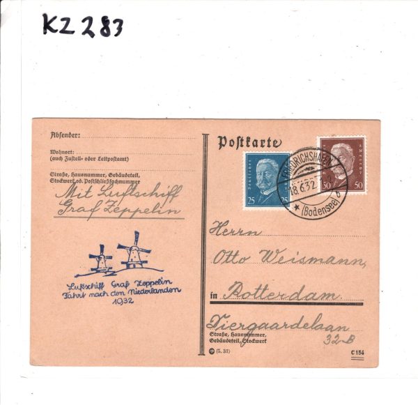 GERMANY GRAF ZEPPELIN Air Card *FAHRT NIEDERLANDEN* 1932 WINDMILLS Cachet KZ283 - Image 10