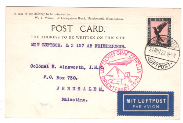 GERMANY GRAF ZEPPELIN Air Mail Card 1929 ORIENTFAHRT PALESTINE Jerusalem KZ222 - Image 3
