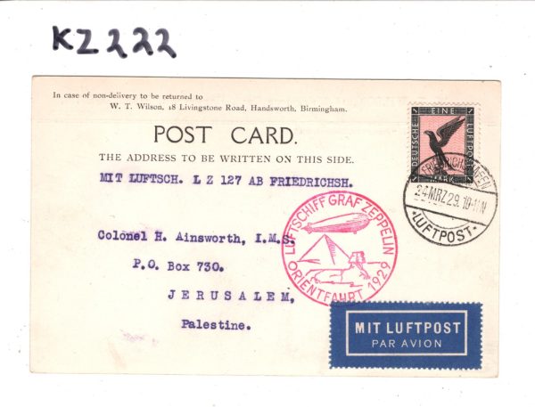 GERMANY GRAF ZEPPELIN Air Mail Card 1929 ORIENTFAHRT PALESTINE Jerusalem KZ222 - Image 5