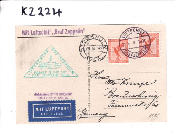 GERMANY GRAF ZEPPELIN Air Mail Card 1930 FAHRT RUND UM DIE OSTSEE SWEDEN KZ224 - Image 5