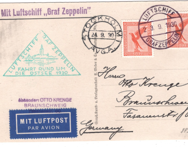 GERMANY GRAF ZEPPELIN Air Mail Card 1930 FAHRT RUND UM DIE OSTSEE SWEDEN KZ224