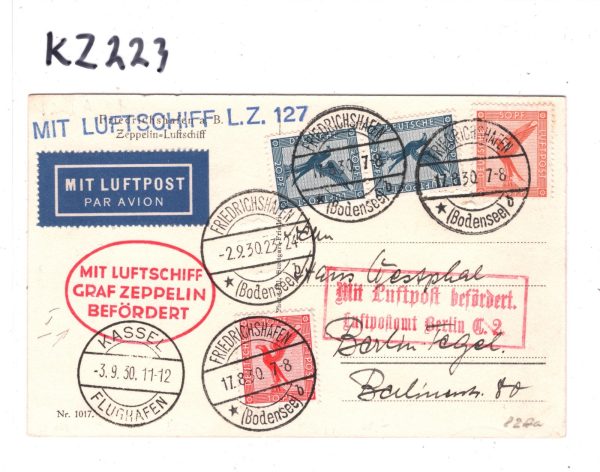 GERMANY GRAF ZEPPELIN Air Mail Card 1930 MIT LUFTSHIFF LZ127 Berlin Kassel KZ223 - Image 4