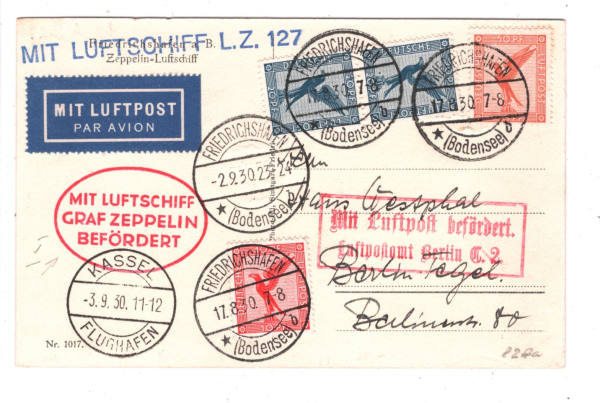 GERMANY GRAF ZEPPELIN Air Mail Card 1930 MIT LUFTSHIFF LZ127 Berlin Kassel KZ223