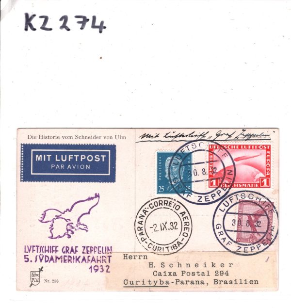 GERMANY GRAF ZEPPELIN Air Mail Card 5 SÜDAMERIKAFAHRT 1932 Brazil Curitiba KZ274 - Image 4
