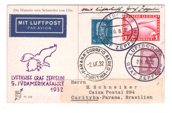 GERMANY GRAF ZEPPELIN Air Mail Card 5 SÜDAMERIKAFAHRT 1932 Brazil Curitiba KZ274